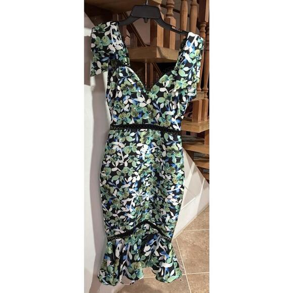 Badgley Mischka Vintage Printed Leaf sz 4 Midi Dress Fit Flare $800 Cocktail - Picture 1 of 6